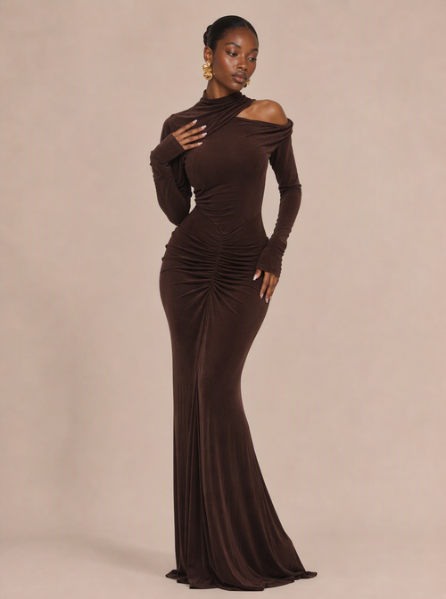Zephrina Sabella cutout knit maxi dress in dark coffee