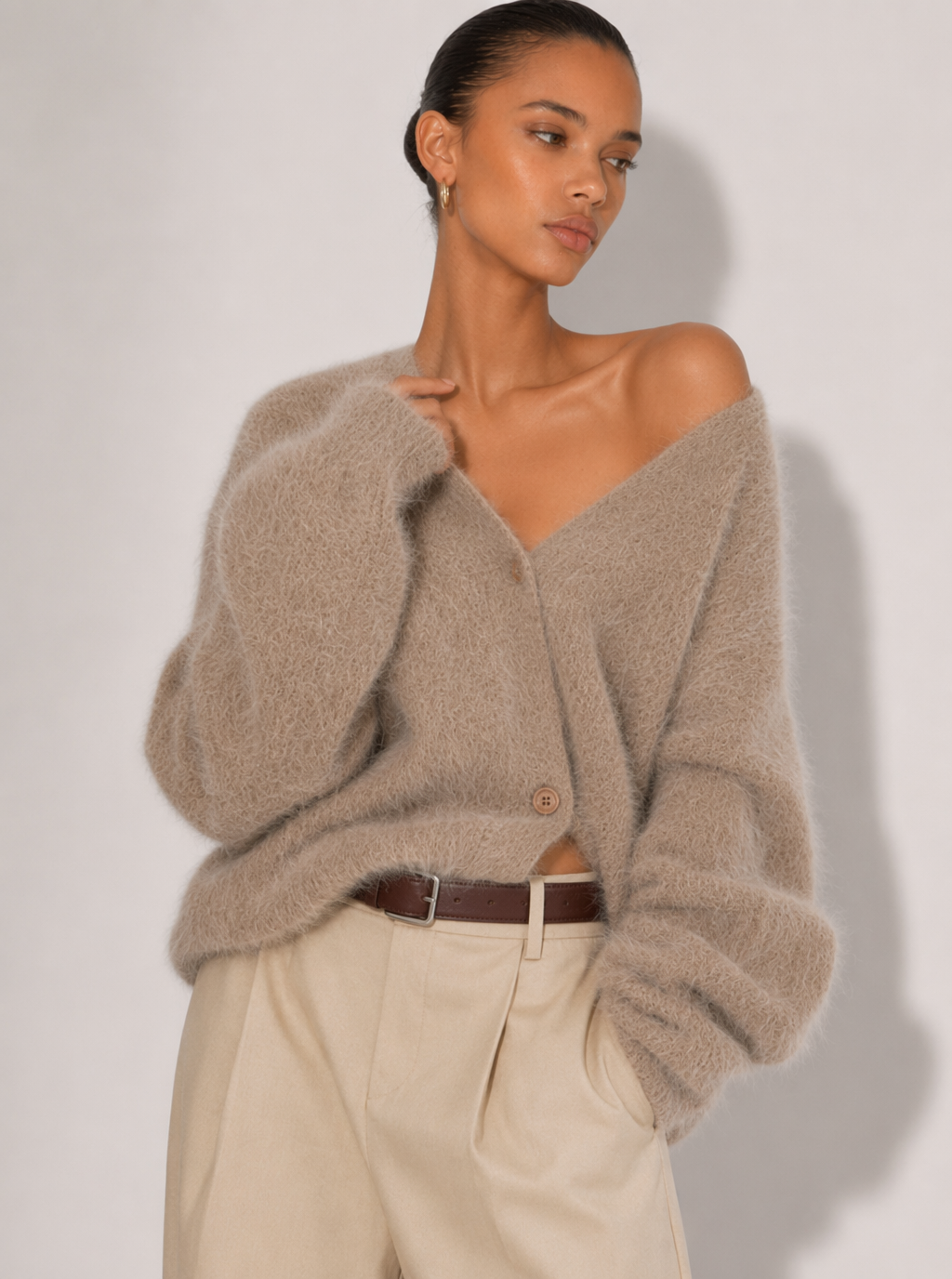 Zephrina Adara plush button cardigan in khaki