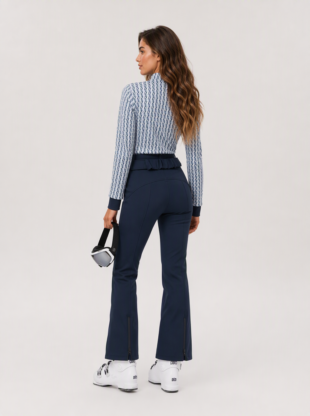 Zephrina Valeska graphic-panel belted one-piece ski suit with navy flared legs