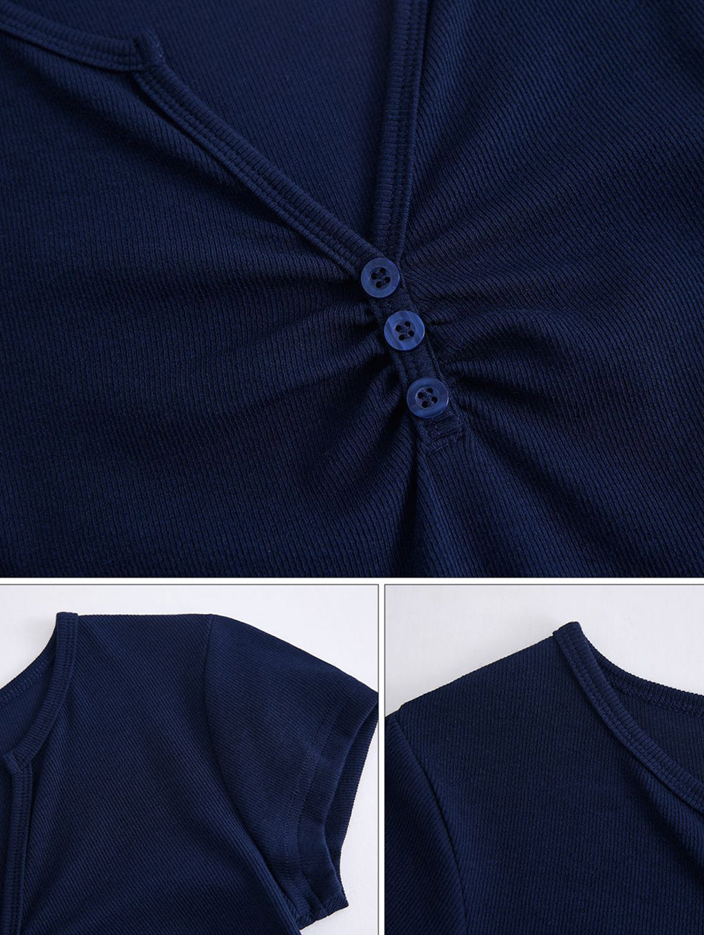 Ruched V Neck Button Short Sleeve T Shirt