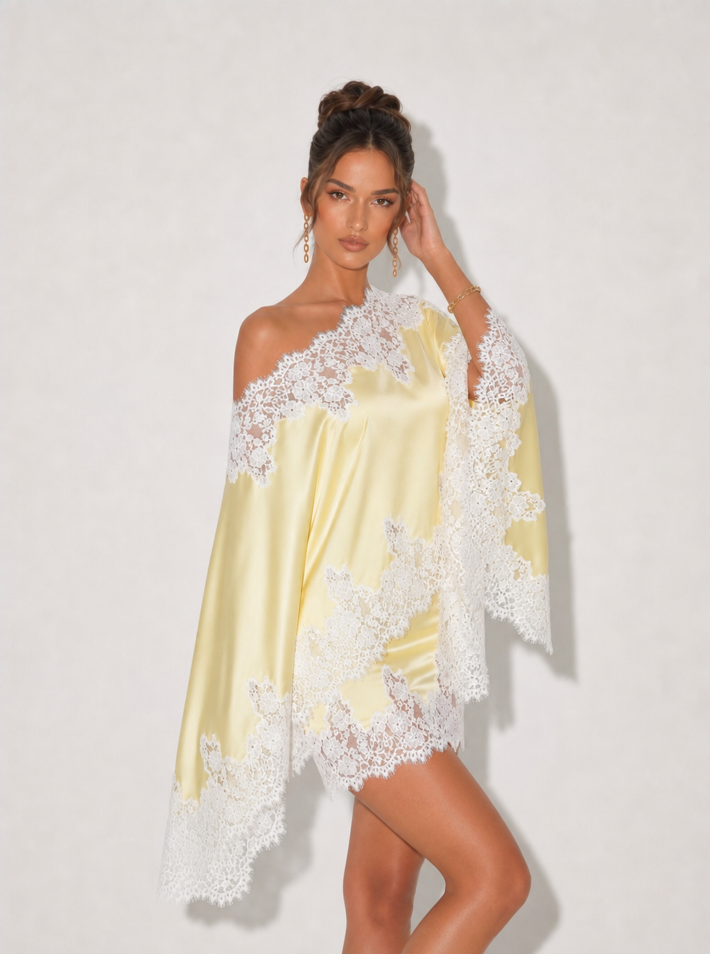 Zephrina Noeline lace-trim satin mini dress in yellow