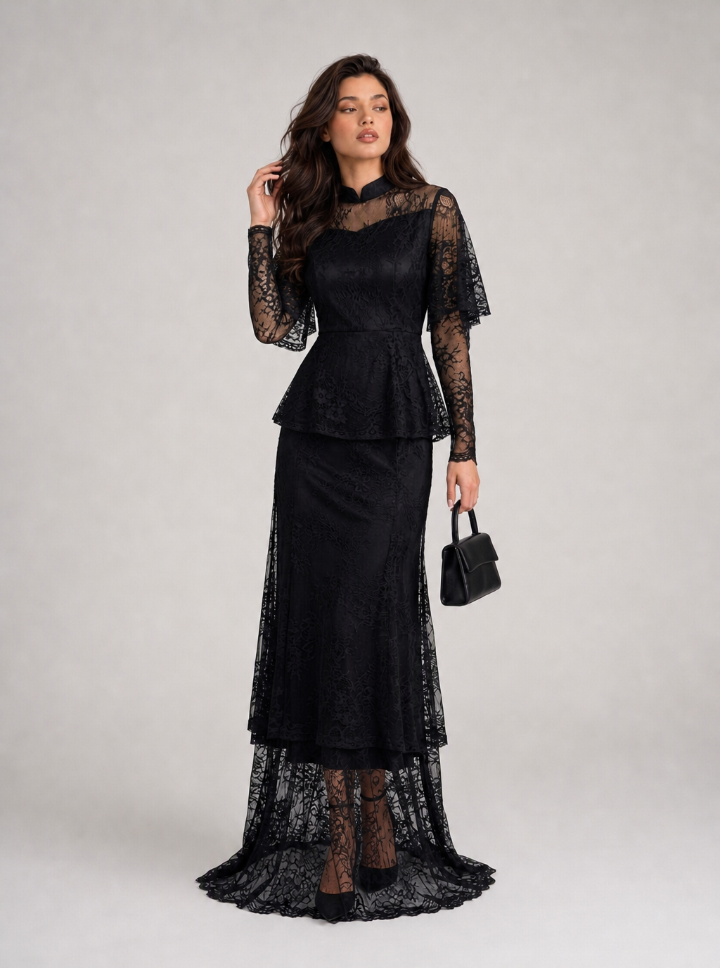 Zephrina Helena lace-peplum maxi dress in black