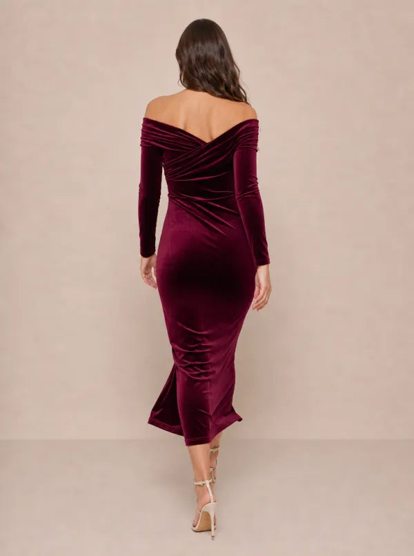 Zephrina Euphemia off-shoulder velvet slit midi dress in burgundy