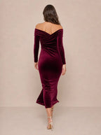 Zephrina Euphemia off-shoulder velvet slit midi dress in burgundy