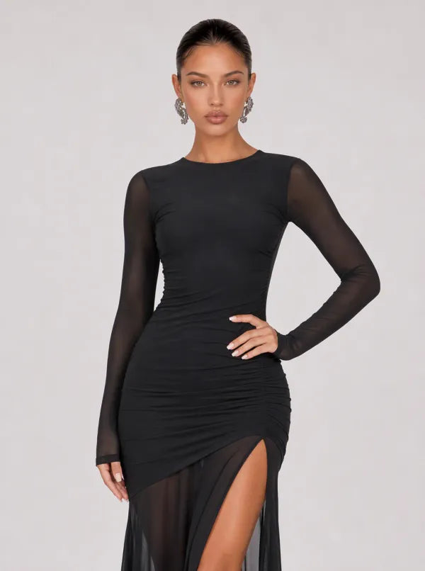 Zephrina Gwendolyn ruched mesh slit maxi dress in black