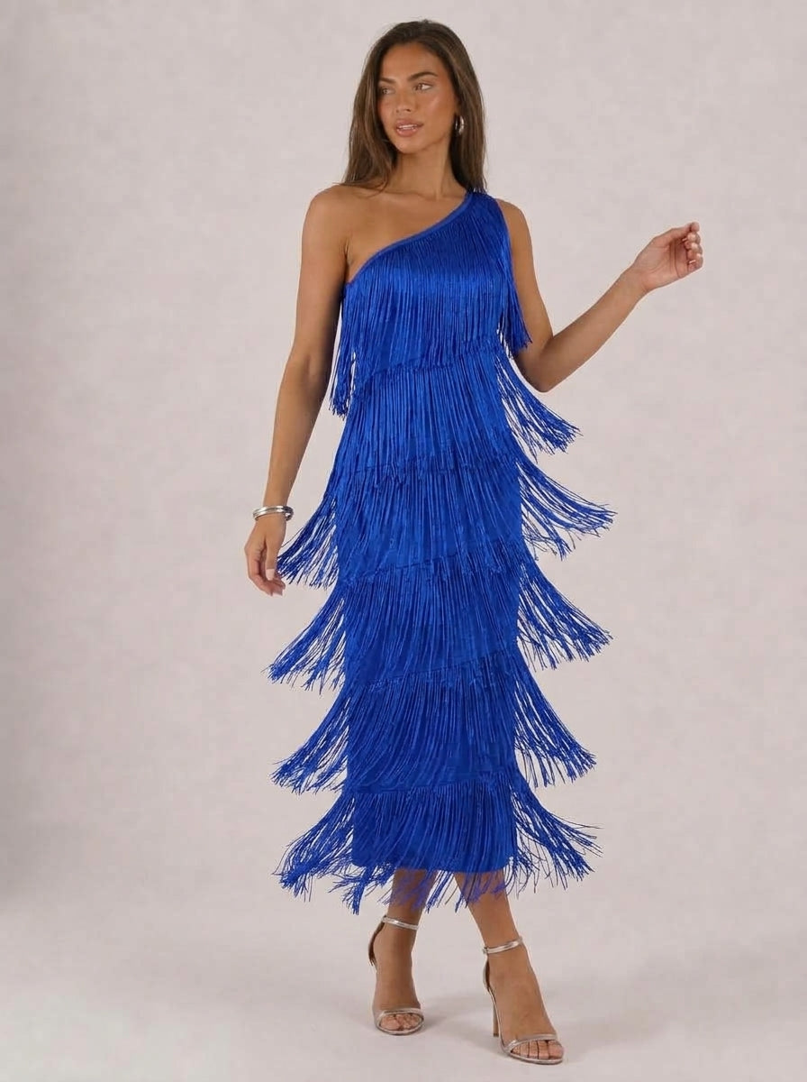 Zephrina Orielle one-shoulder fringe midi dress in royal blue