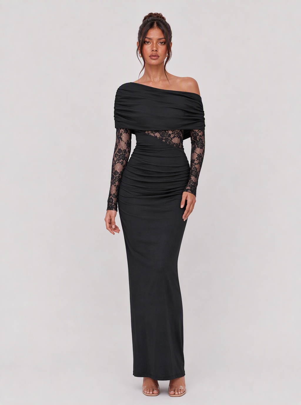 Zephrina Meliora asymmetric lace-waist maxi dress in black