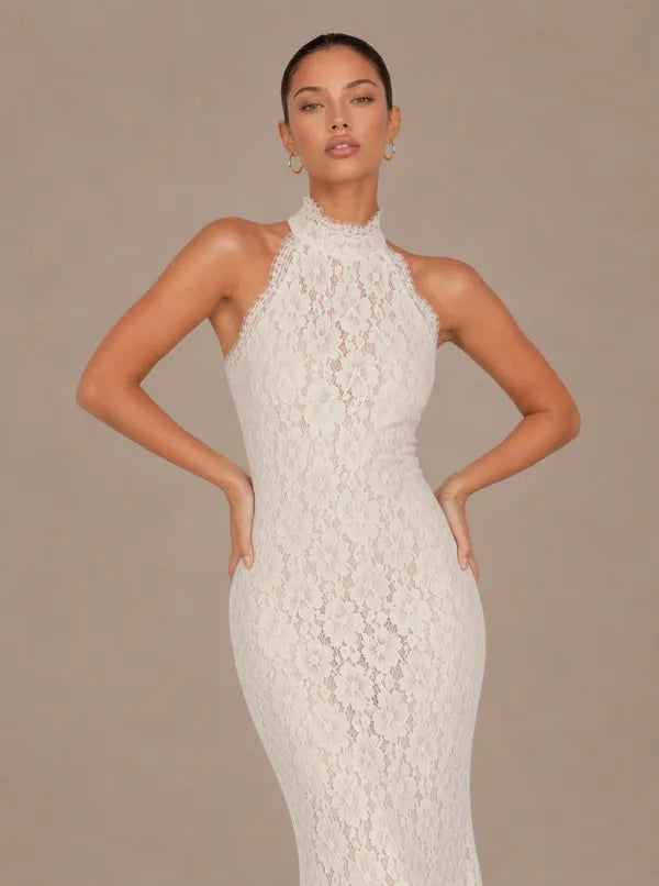 Zephrina Avelina halter floral lace maxi dress in white with a fitted mermaid silhouette