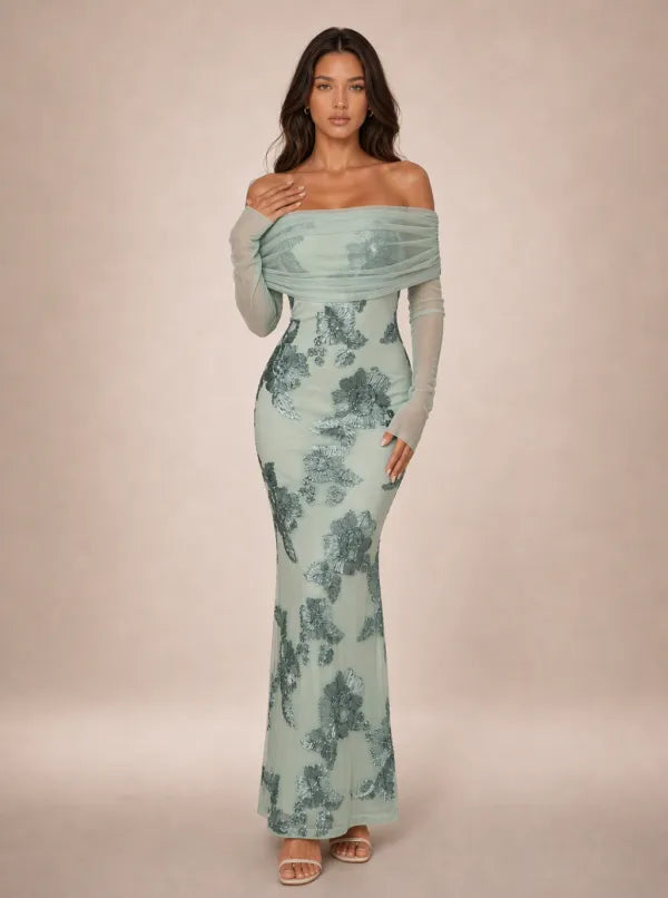 Zephrina Rosamund embroidered off-shoulder maxi dress in coffee