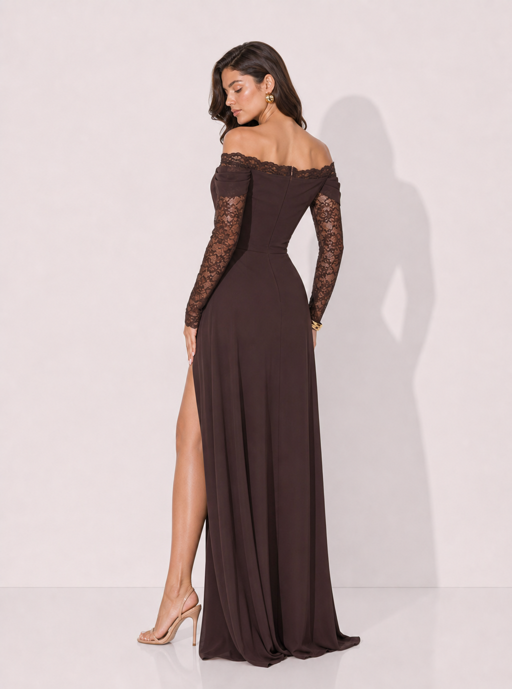 Zephrina Odilia lace sleeve slit maxi dress in coffee