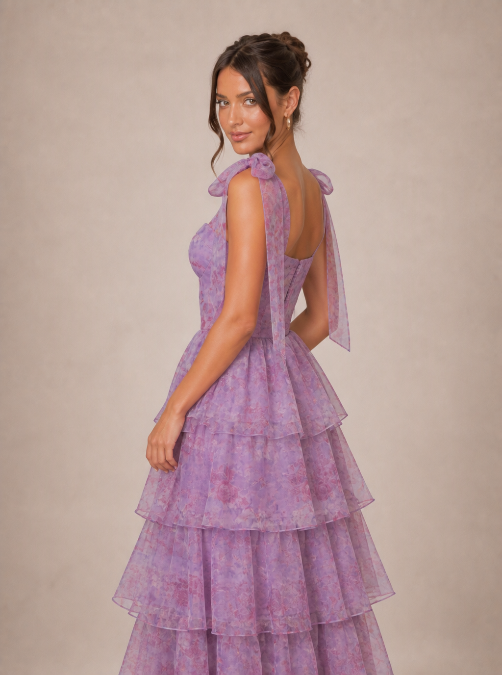 Zephrina Araminta bow-shoulder tiered maxi dress in light purple