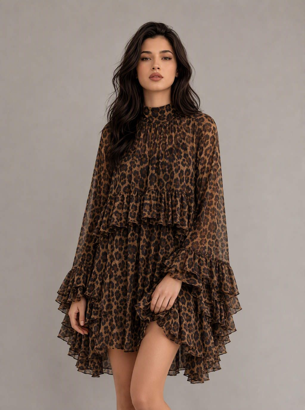Zephrina Cressida ruffle chiffon mini dress in brown