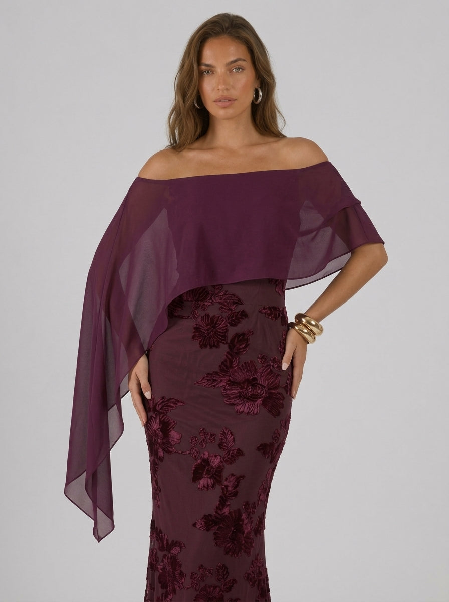 Zephrina Elara embroidered cape maxi dress in brick red