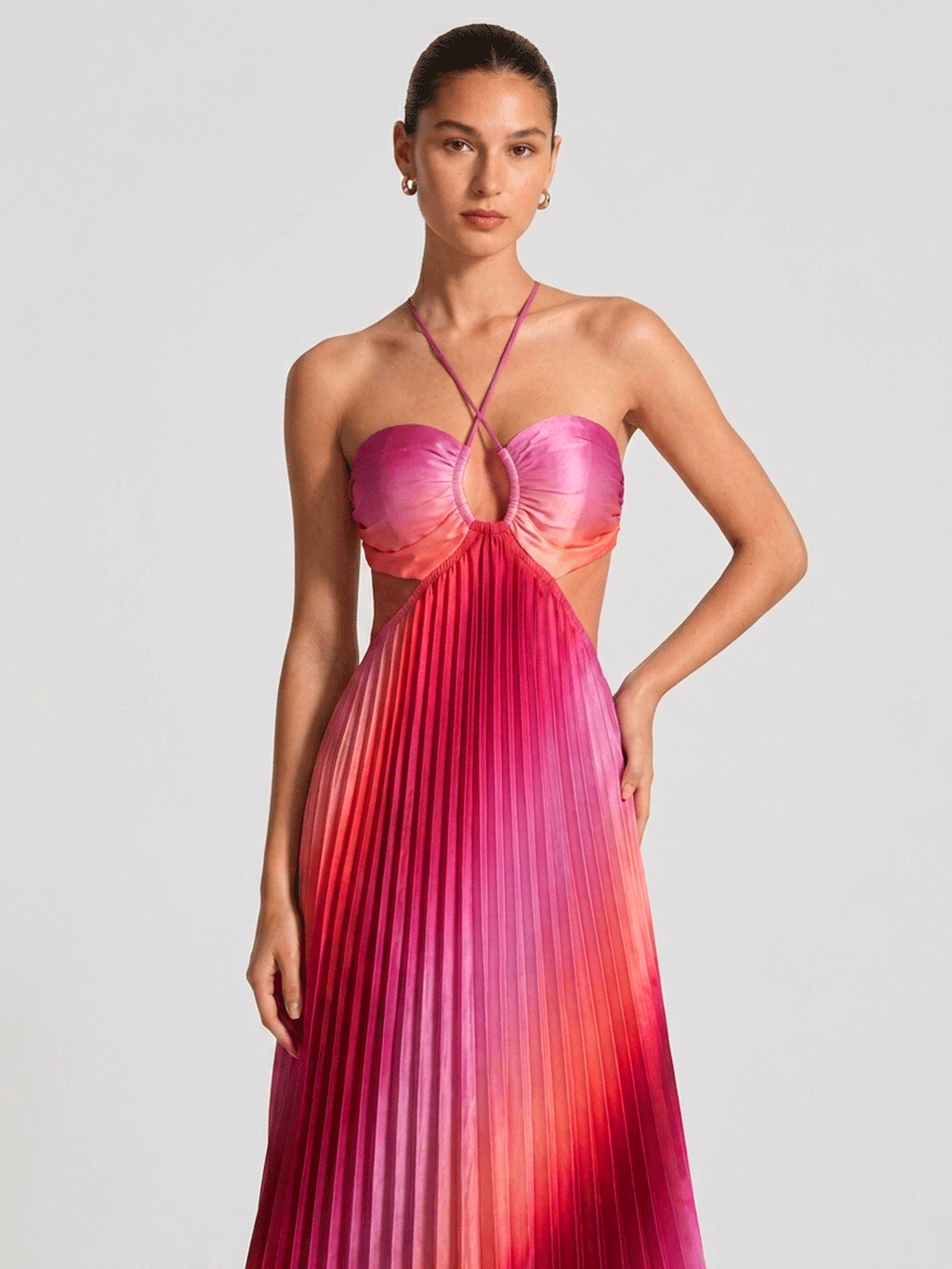 Rose-pink Ombre Satin Pleated Maxi Dress