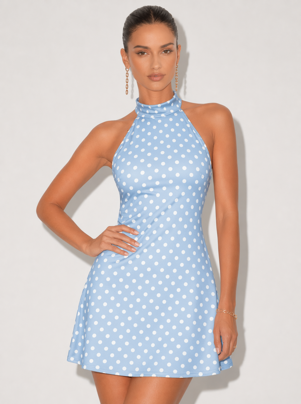 Zephrina Nerissa polka dot halter mini dress in white
