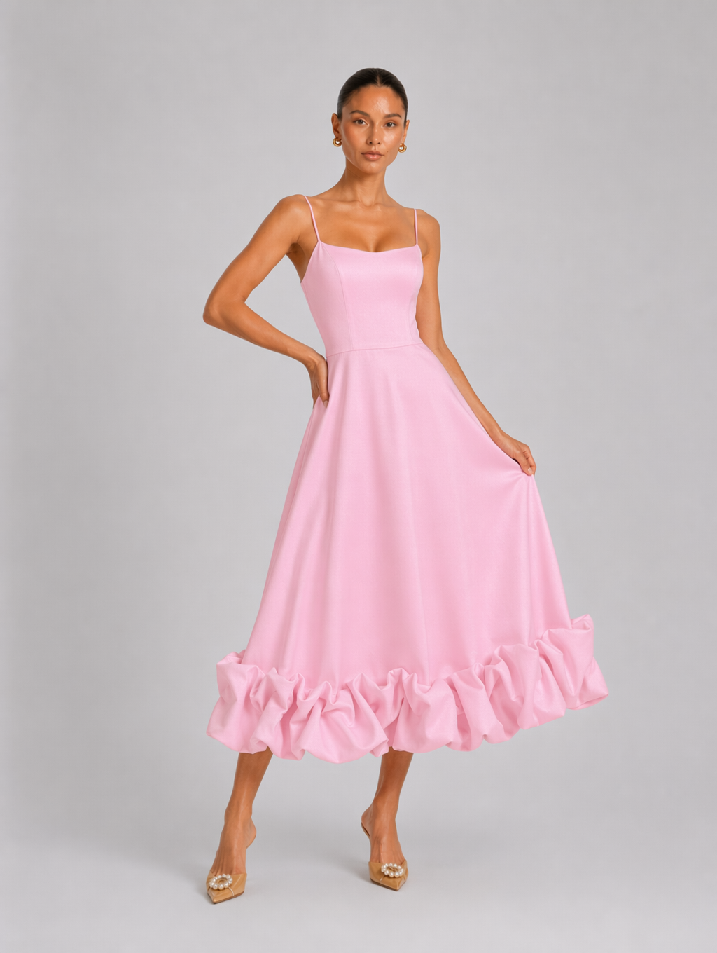 Square Neck Ruffle Hem A-Line Satin Dress