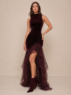 Zephrina Ghislaine velvet high-low maxi dress in burgundy