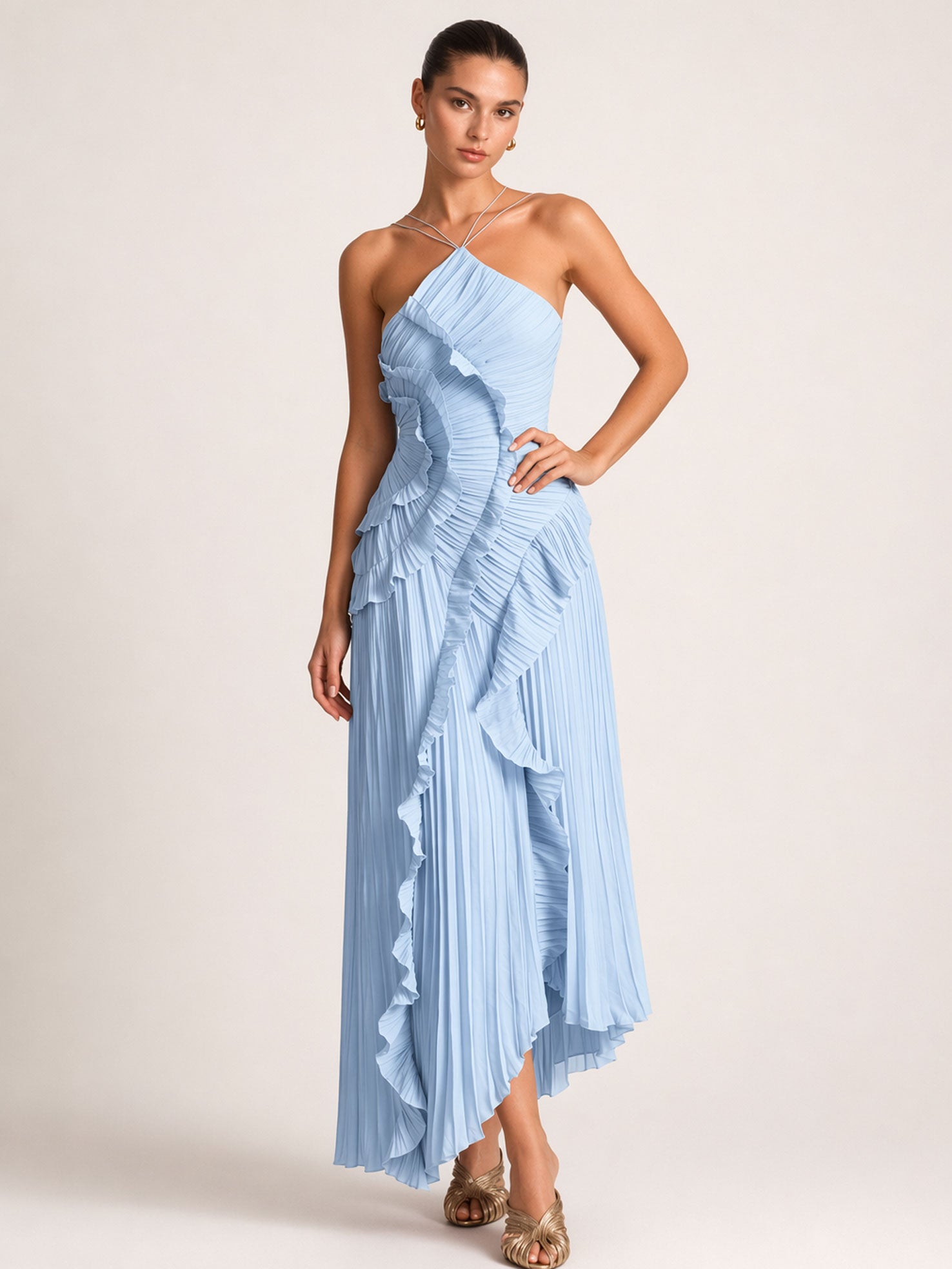 Pleated Halter  Ruffle Details Midi Dress