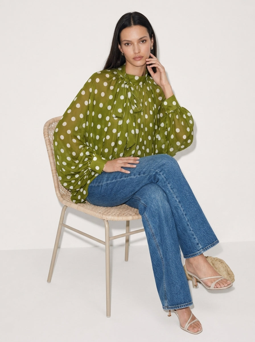 Camille Polka-Dot Oberteil mit Bindekragen
