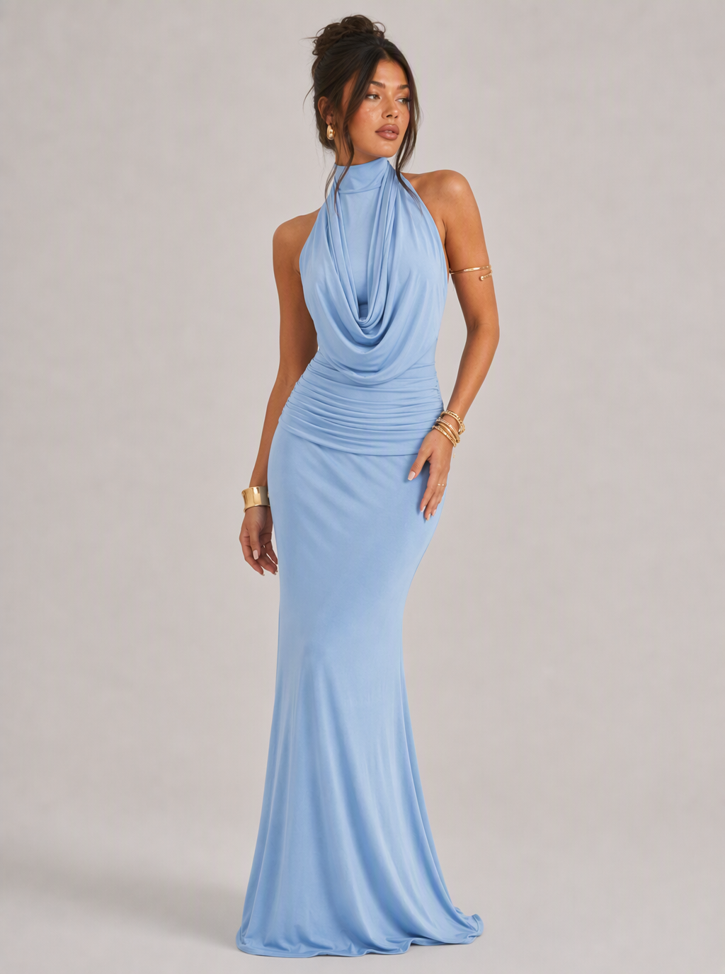 Zephrina Sabelle draped halter maxi dress in burgundy