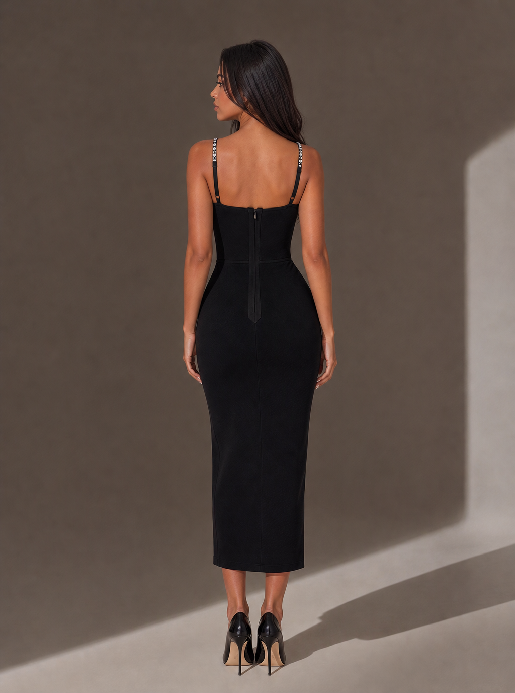 Zephrina Theophila sparkle-trim slit midi dress in black