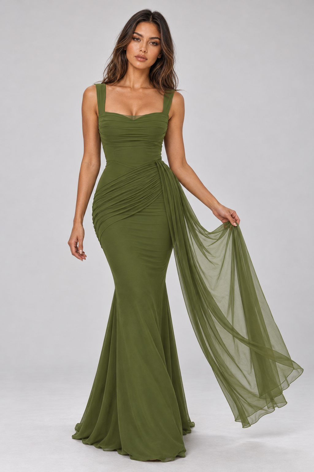 Zephrina Maureen ruched mesh-drape maxi dress in green