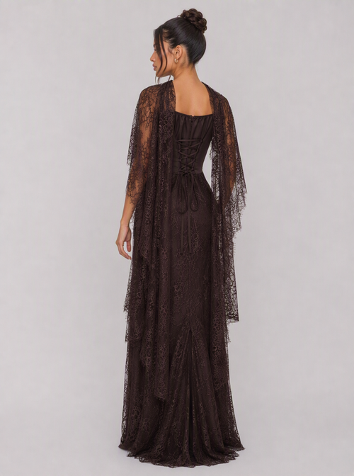 Zephrina Florentina lace cape maxi dress in coffee