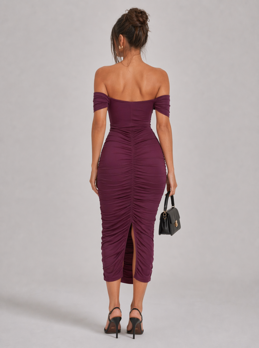 Zephrina Calista off-shoulder ruched midi dress in burgundy