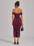 Zephrina Calista off-shoulder ruched midi dress in burgundy