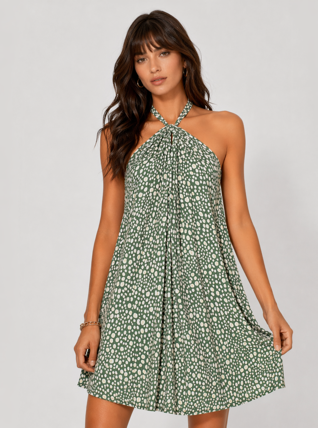 Zephrina Elena dotted halter mini dress in green