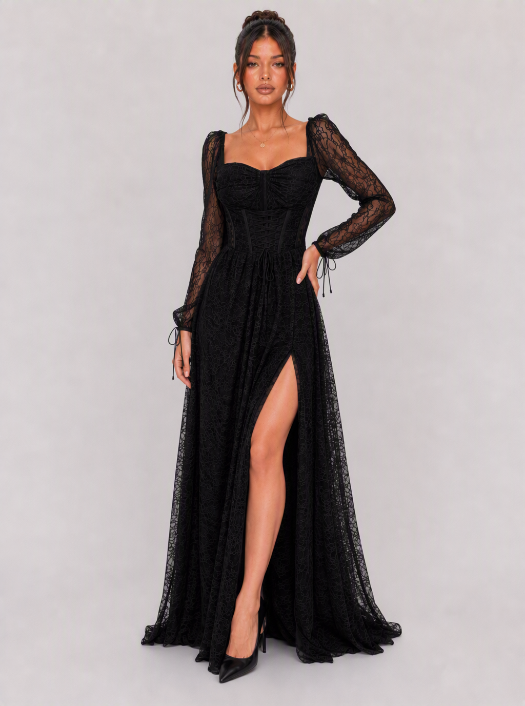 Lottie Lace High-Slit Maxi Dress
