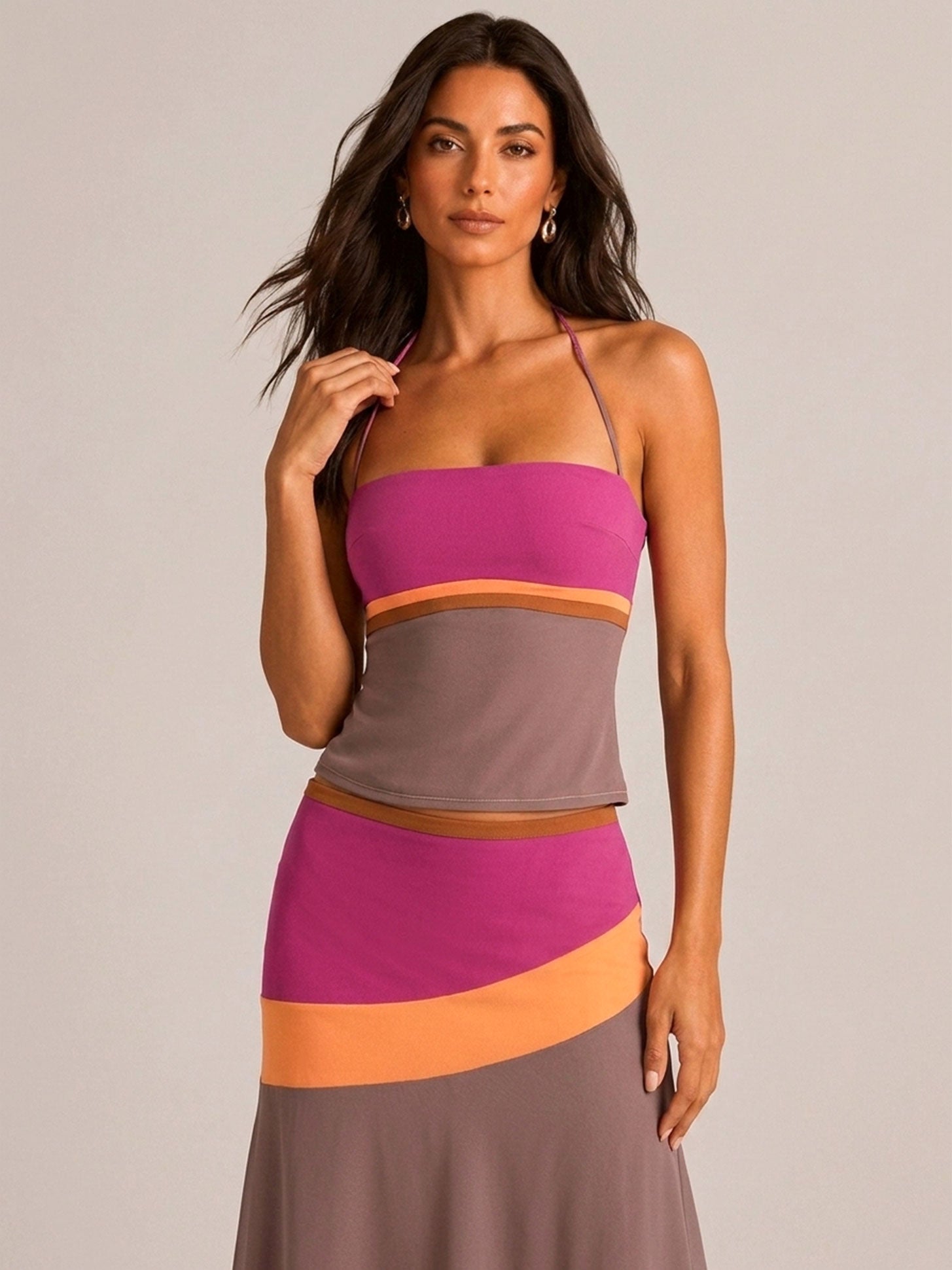 Block Halter Corset Top & Asymmetrical Midi Skirt Two Piece Matching Set