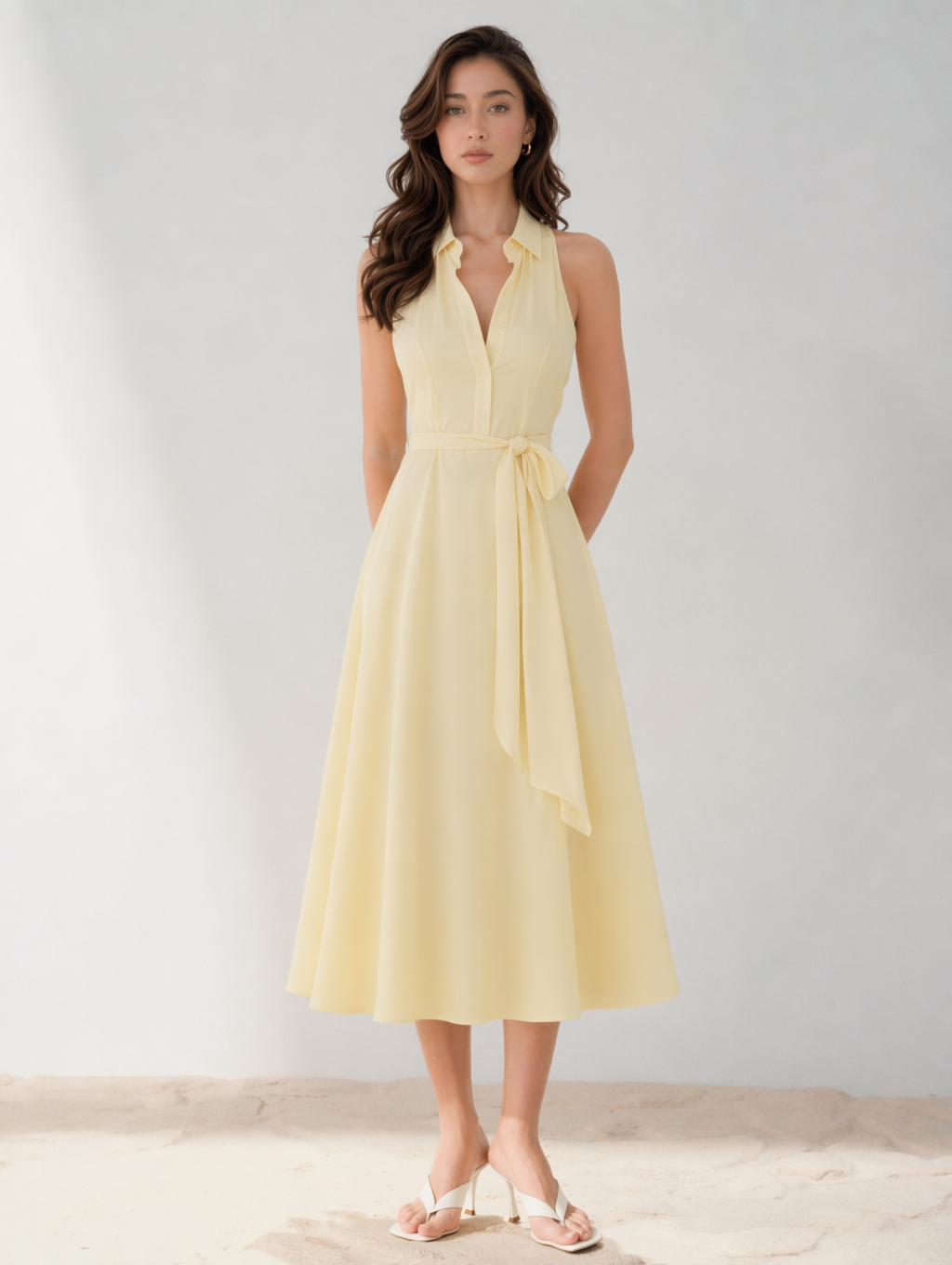 Yellow Collared Halter Tie Waist A Line Midi Shirt Dress
