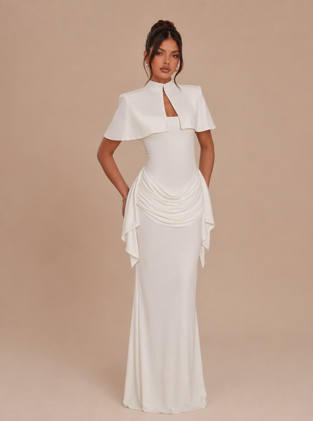 Zephrina Christiane cape-detail draped maxi dress in white