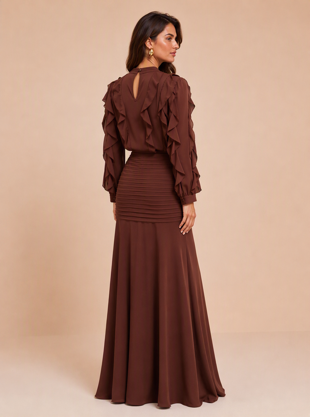 Zephrina Elspeth ruffle chiffon maxi dress in brown