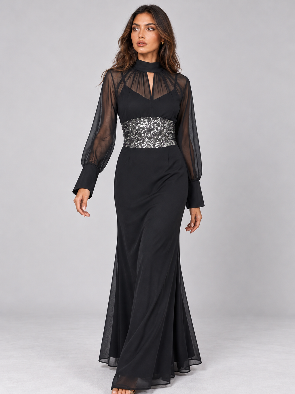 Zephrina Euphrasie sequin-waist mesh-sleeve maxi dress in black