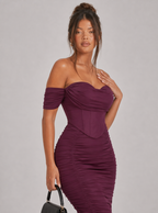 Zephrina Calista off-shoulder ruched midi dress in burgundy