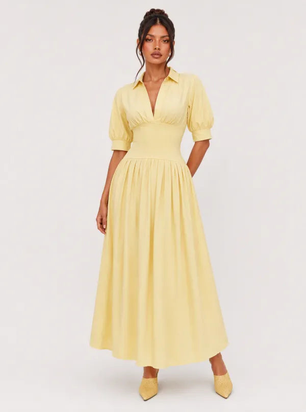 Zephrina Marigold collared puff-sleeve midi dress in yellow