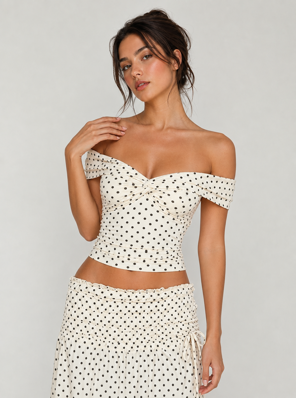 Zephrina Vintage Polka Dot Off-Shoulder Two-Piece Maxi Set