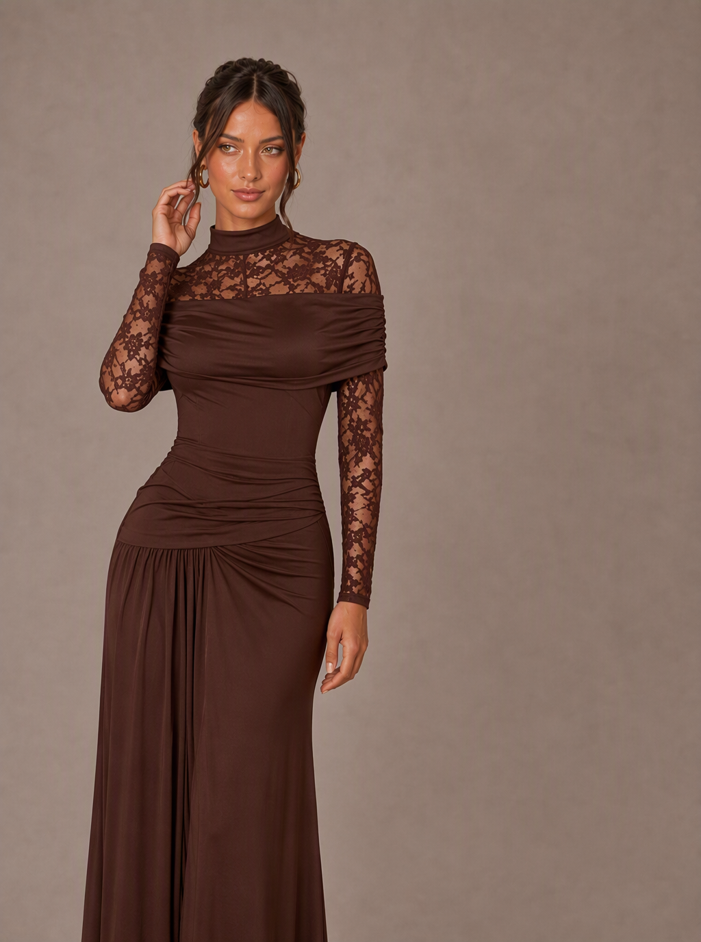 Zephrina Sophronia lace-yoke draped maxi dress in brown
