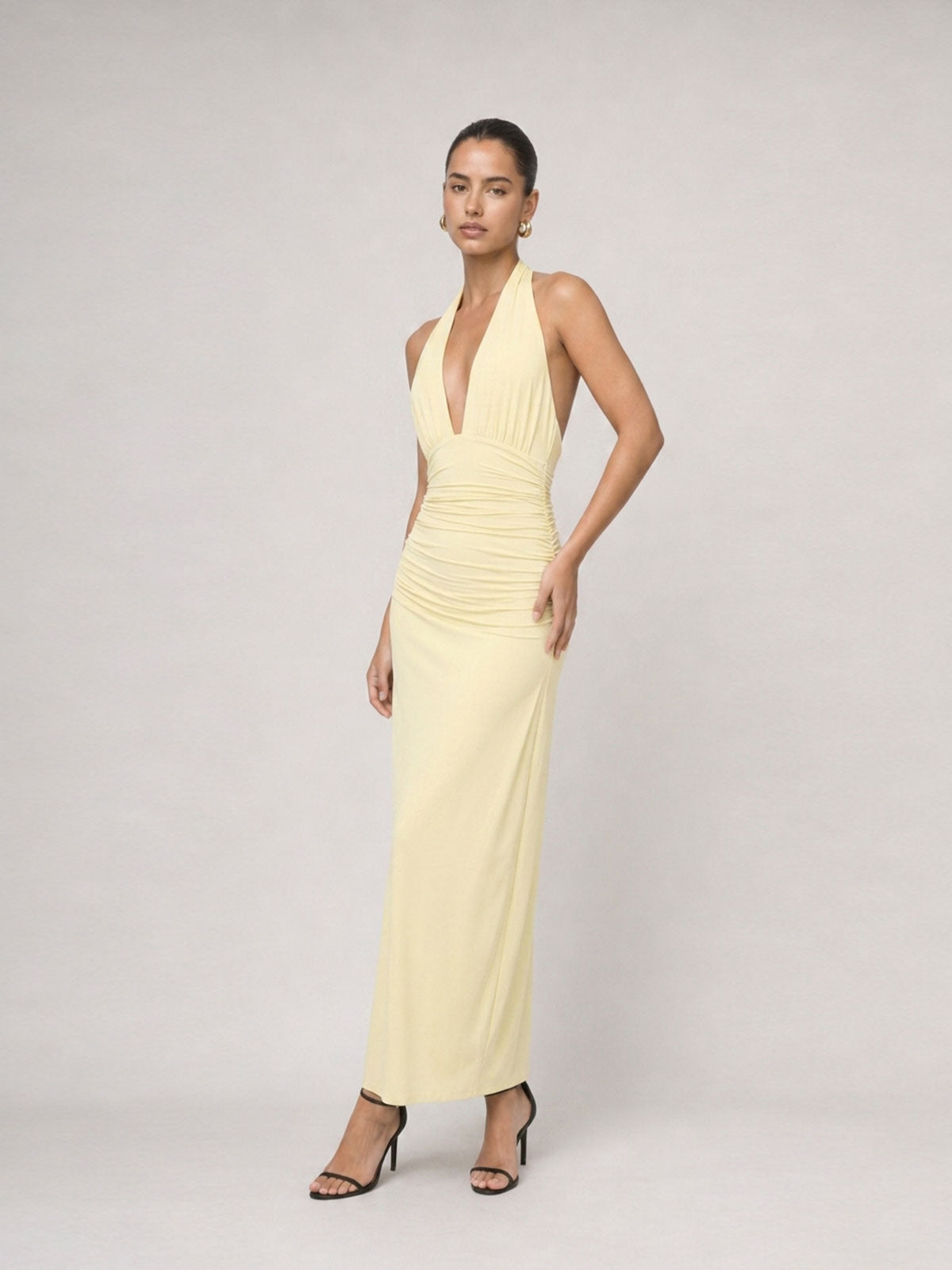 Open-Back Ruched Halter Maxi Dress