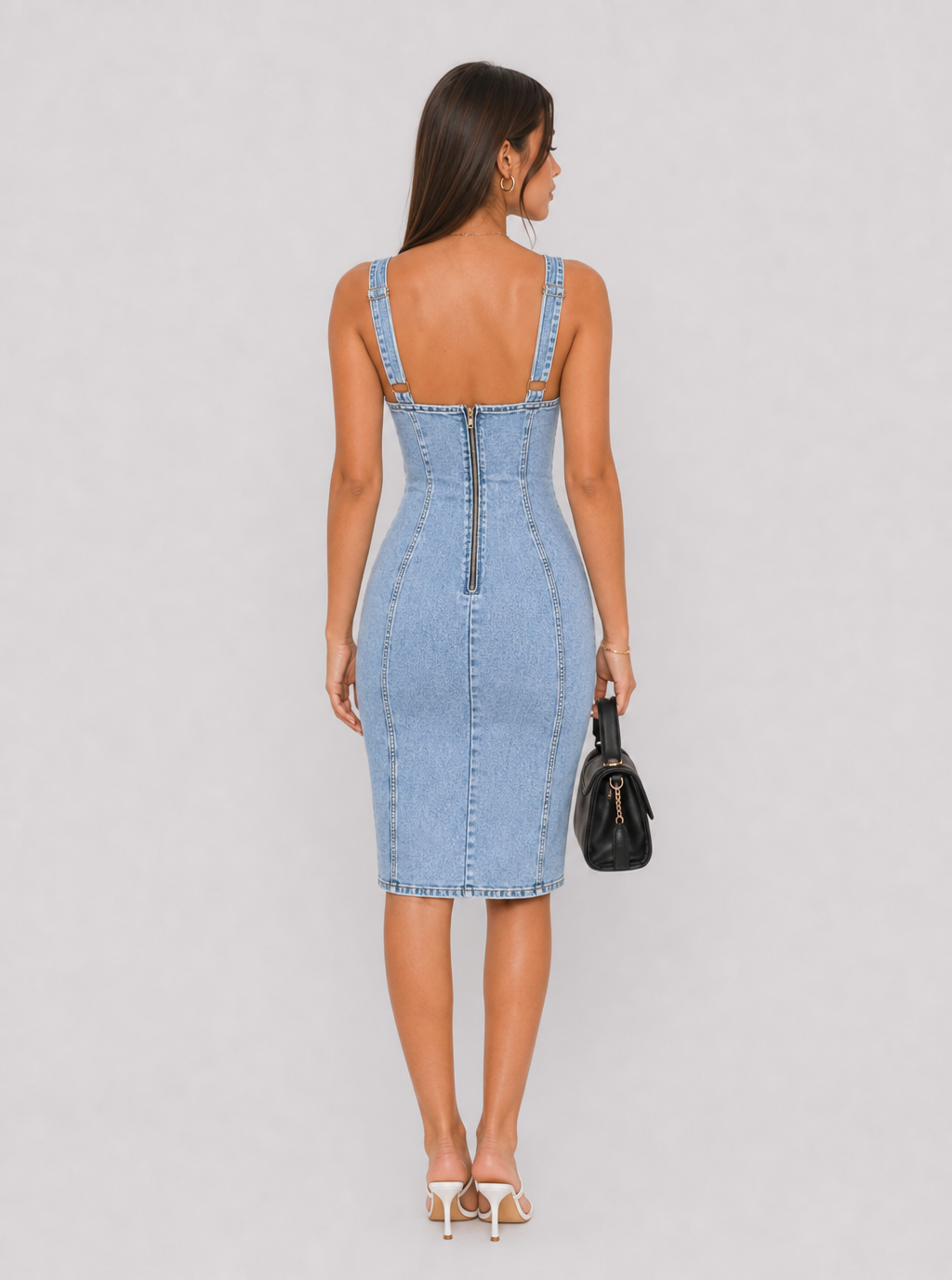 Zephrina Light Wash Corset Stitch Denim Midi Dress