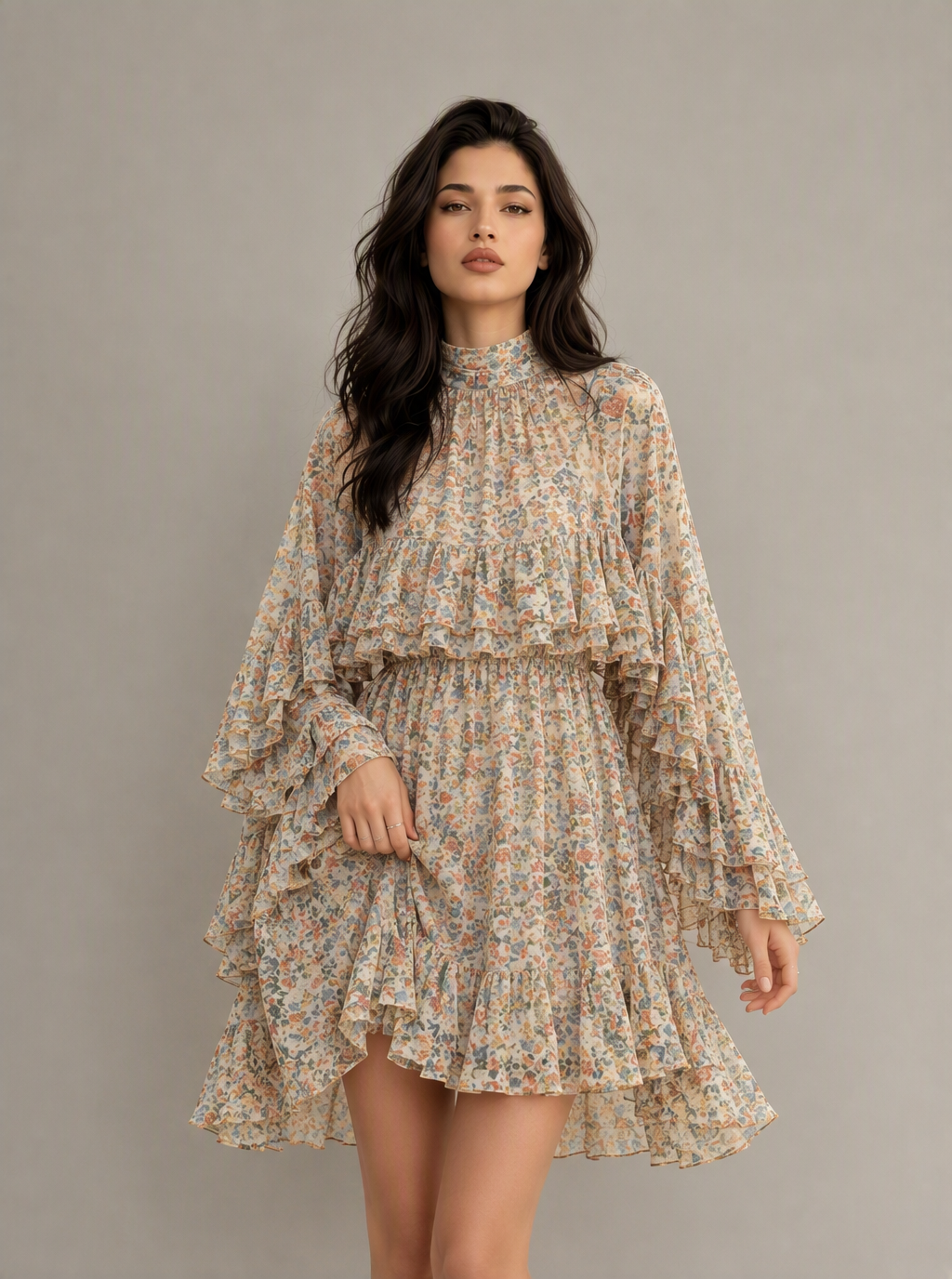 Zephrina Cressida ruffle chiffon mini dress in brown