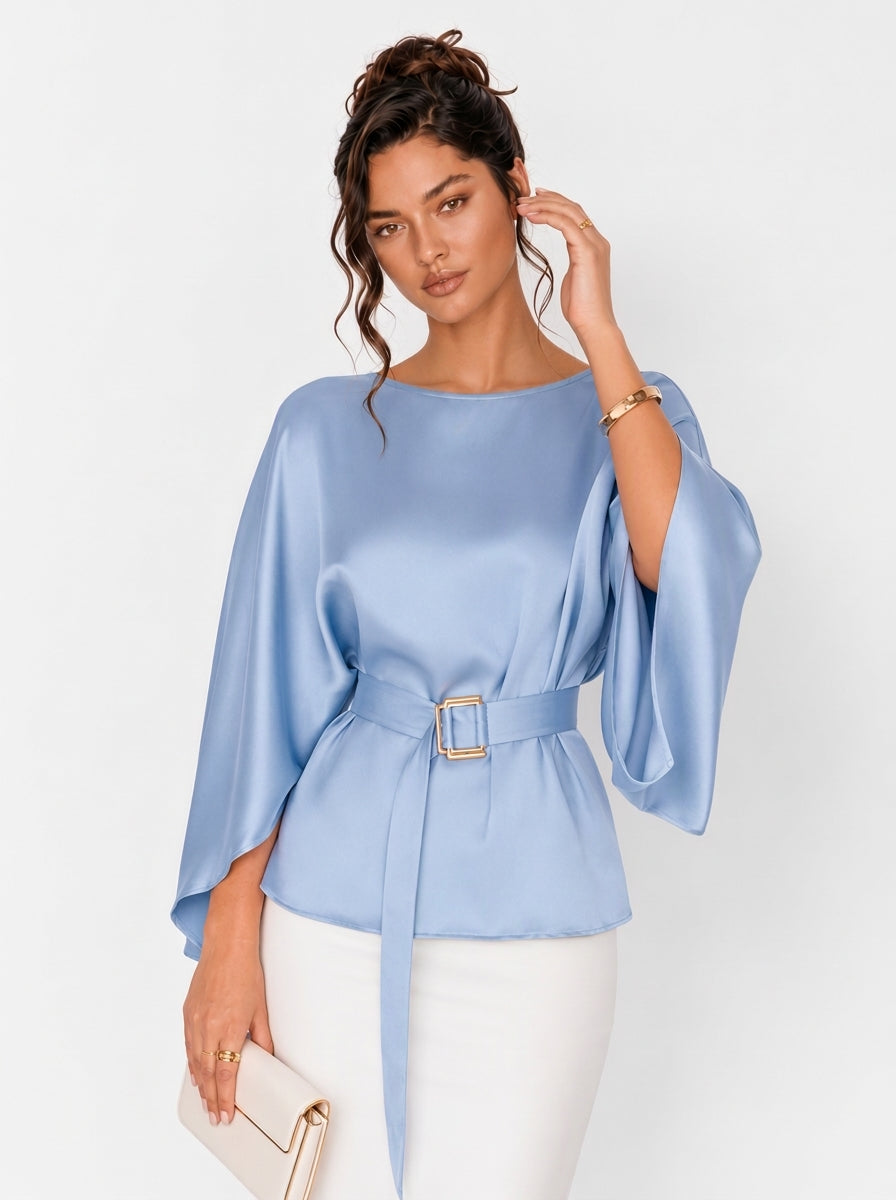 Zephrina Sabina cape sleeve satin blouse in blue