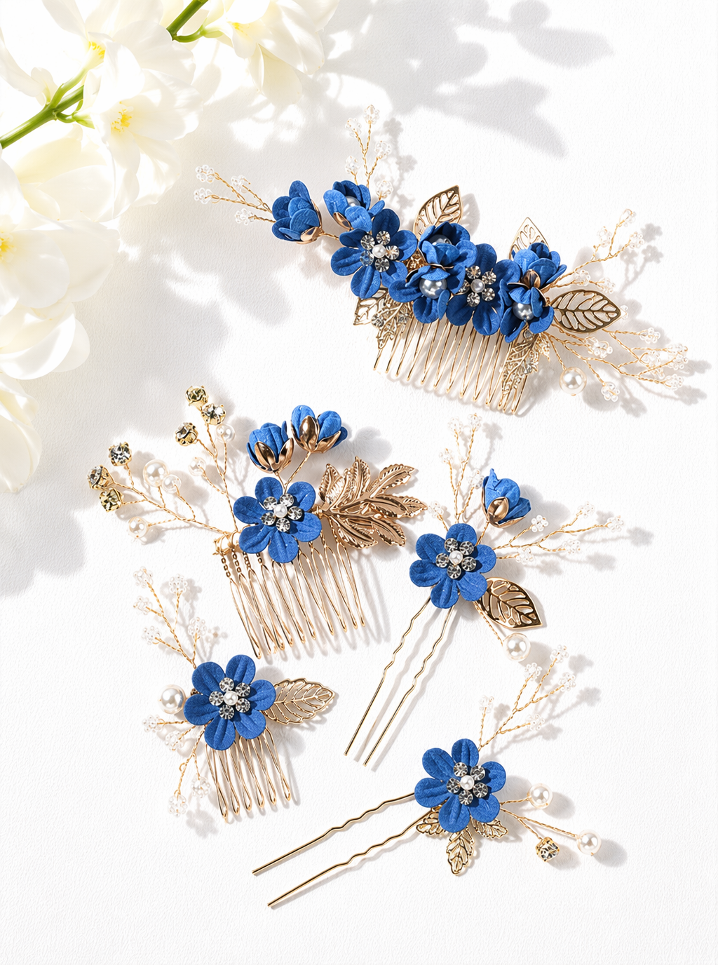 Zephrina floral pearl hair jewelry set with gold-tone leaves
