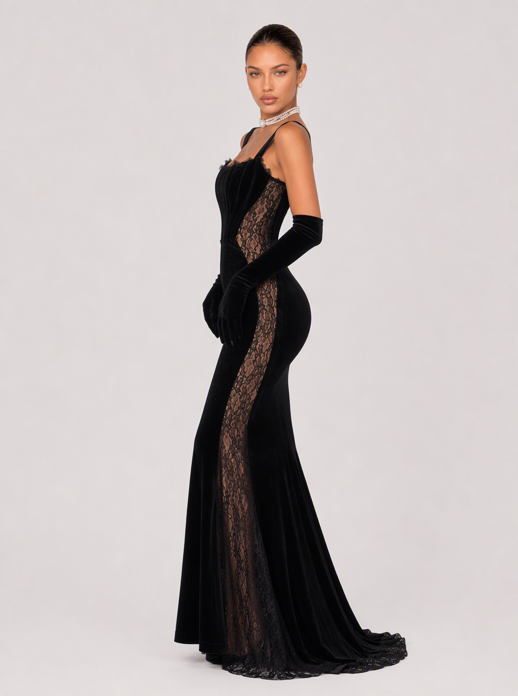 Zephrina Odile velvet lace-panel mermaid gown in black