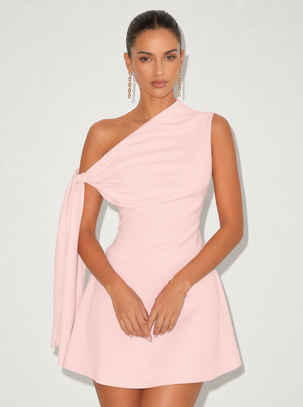 Zephrina Delphine one-shoulder knot mini dress in apricot
