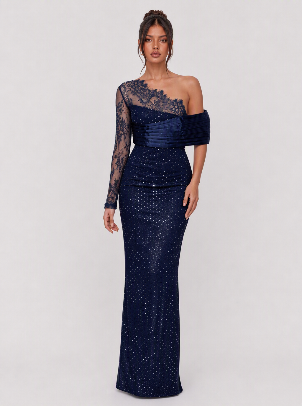 Zephrina Ottilia asymmetric lace satin maxi dress in navy