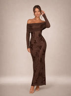 Zephrina Rosamund embroidered off-shoulder maxi dress in coffee