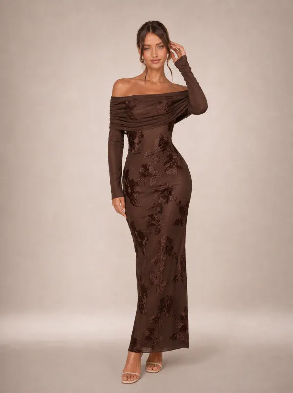 Zephrina Rosamund embroidered off-shoulder maxi dress in coffee